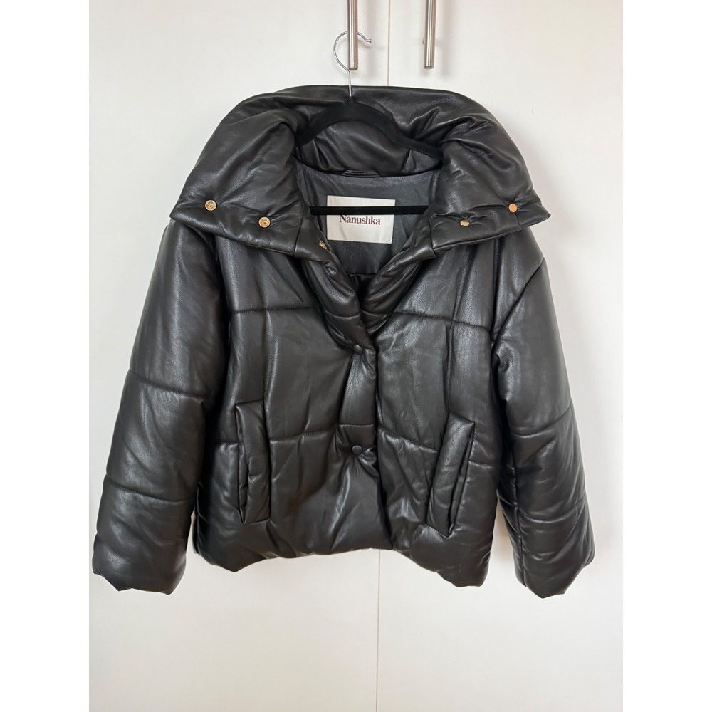 Nanushka Vegan Leather Puffer Jacket Black Quilted Padded Coat -XS